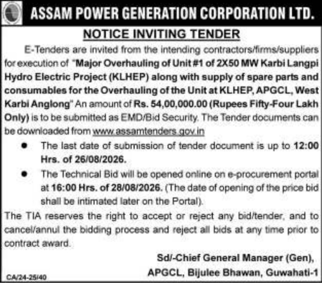 Notice Inviting Tender for Overhauling of KLHEP Unit #1