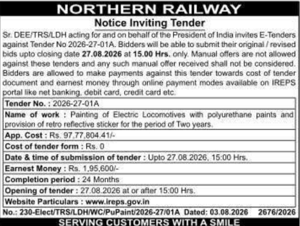 Notice Inviting Tender for Painting Electric Locomotives