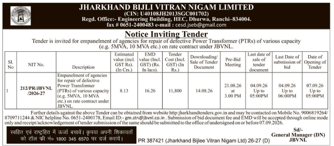 Notice Inviting Tender for Power Transformer Repair by JBVNL