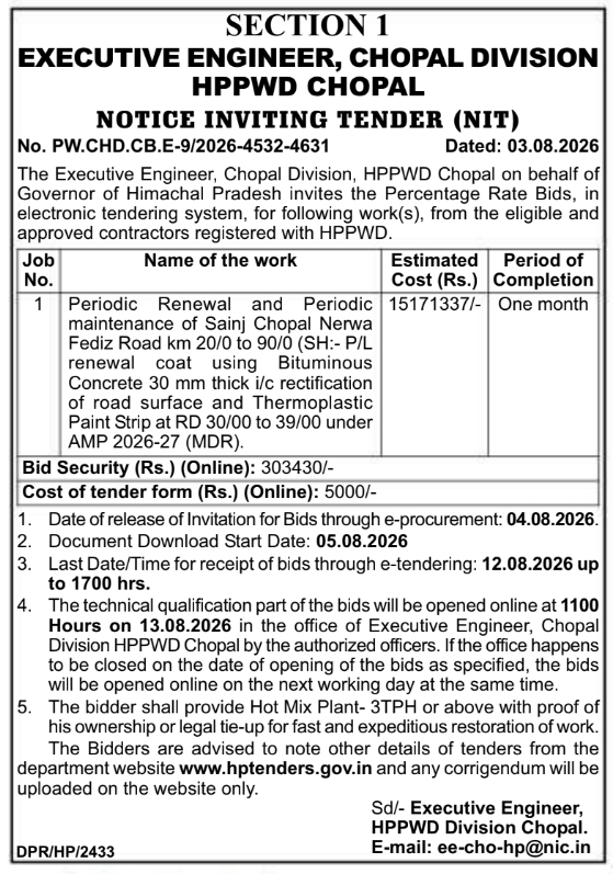 Notice Inviting Tender for Road Maintenance and Renewal