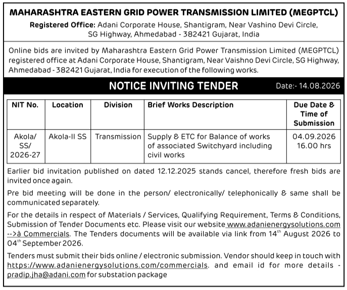 Notice Inviting Tender for Switchyard Association Works by MEGPTCL