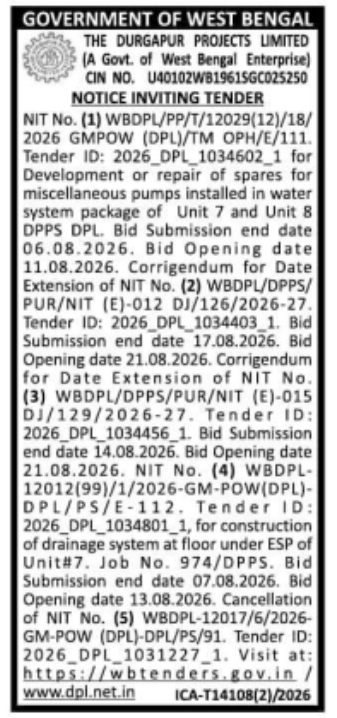 Notice Inviting Tender for Thermal Power Plant Spares and Drainage Infrastructure