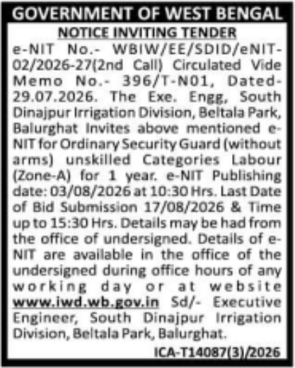 Notice Inviting Tender for Unskilled Security Guard Personnel