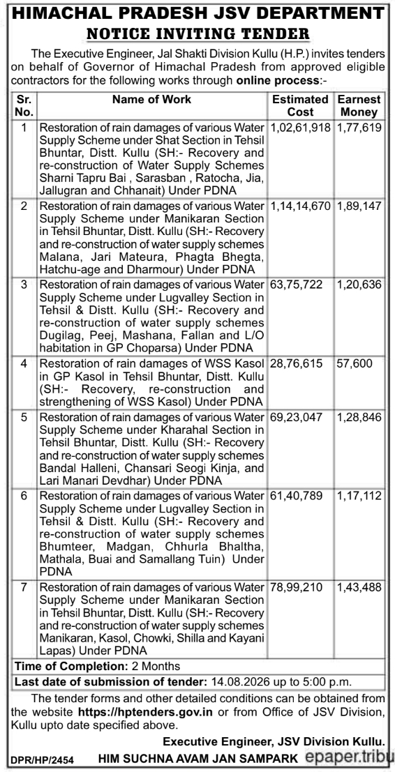 Notice Inviting Tender for Water Scheme Rain Damage Restoration