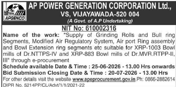 Notice Inviting Tender: Industrial Component Supply at APGENCO, Vijayawada