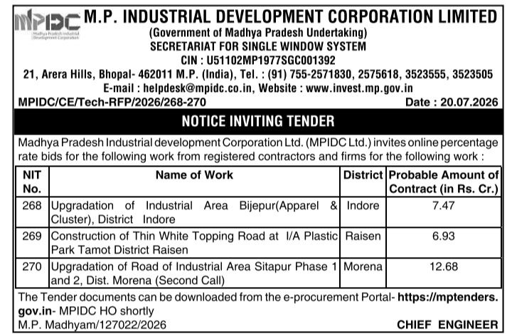 Notice Inviting Tender: Industrial Development Infrastructure Projects