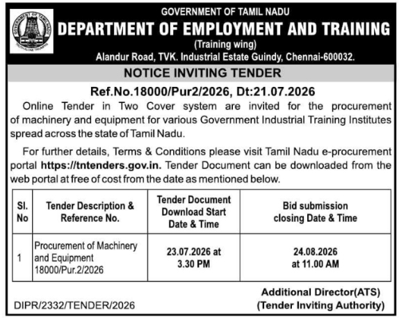 NOTICE INVITING TENDER: Machinery Supply Work, Chennai