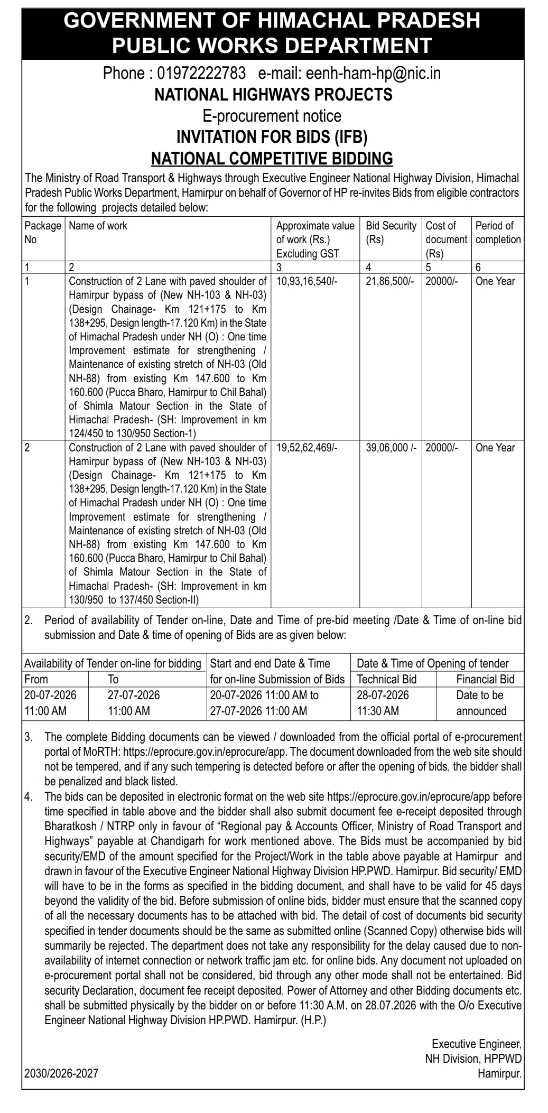 Notice Inviting Tender: National Highway Infrastructure Projects