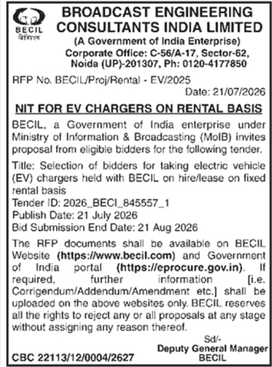 Notice Inviting Tender Notice for EV Chargers Rental by BECIL