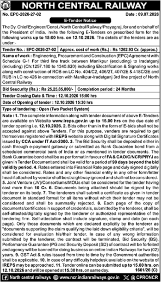 Notice Inviting Tender: Railway Line Construction & Electrification