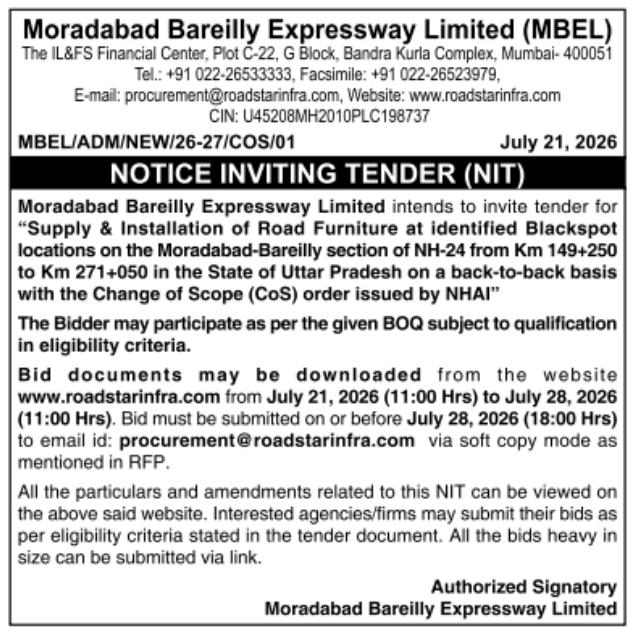Notice Inviting Tender: Road Furniture Supply & Installation