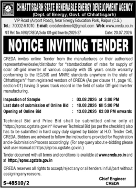 Notice Inviting Tender: Solar Inverter Supply Work, Raipur