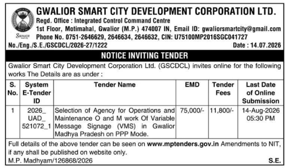 NOTICE INVITING TENDER: Variable Message Signage (VMS) Works