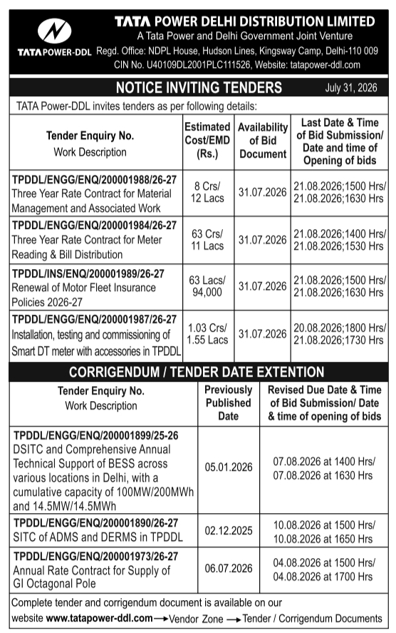 Notice Inviting Tenders and Extensions by TATA Power-DDL