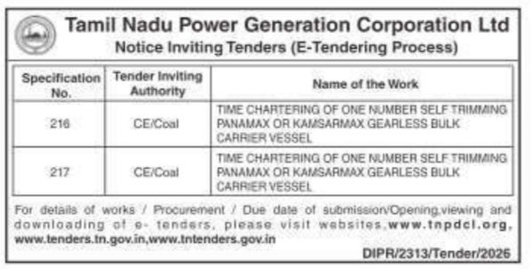 Notice Inviting Tenders: Bulk Carrier Vessel Chartering Tamil Nadu Power Generation Corporation Ltd