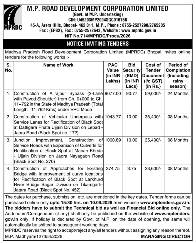 Notice Inviting Tenders for Highway Bypass and Black Spot Rectification Works
