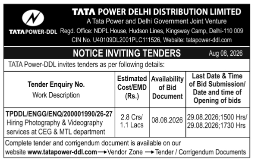 Notice Inviting Tenders for Photography and Videography Services by TTPDL