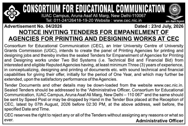 Notice Inviting Tenders: Printing and Designing Empanelment (CEC)