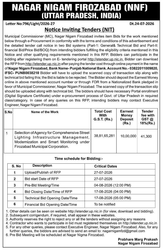 Notice Inviting Tenders: Street Lighting Infrastructure Management