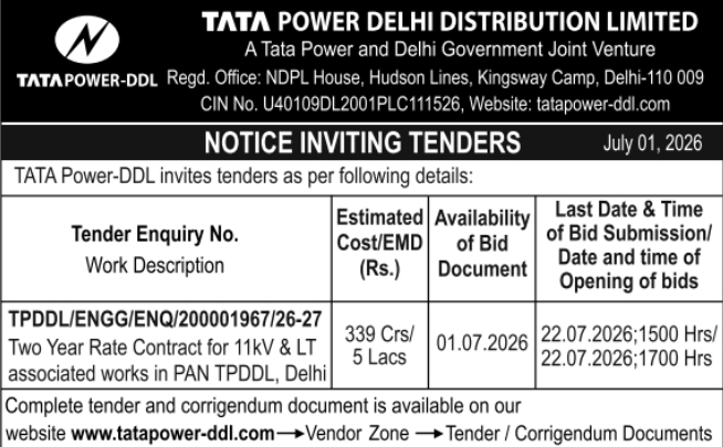 Notice Inviting Tenders: Two-Year Rate Contract for 11kV & LT Works at Tata Power-DDL