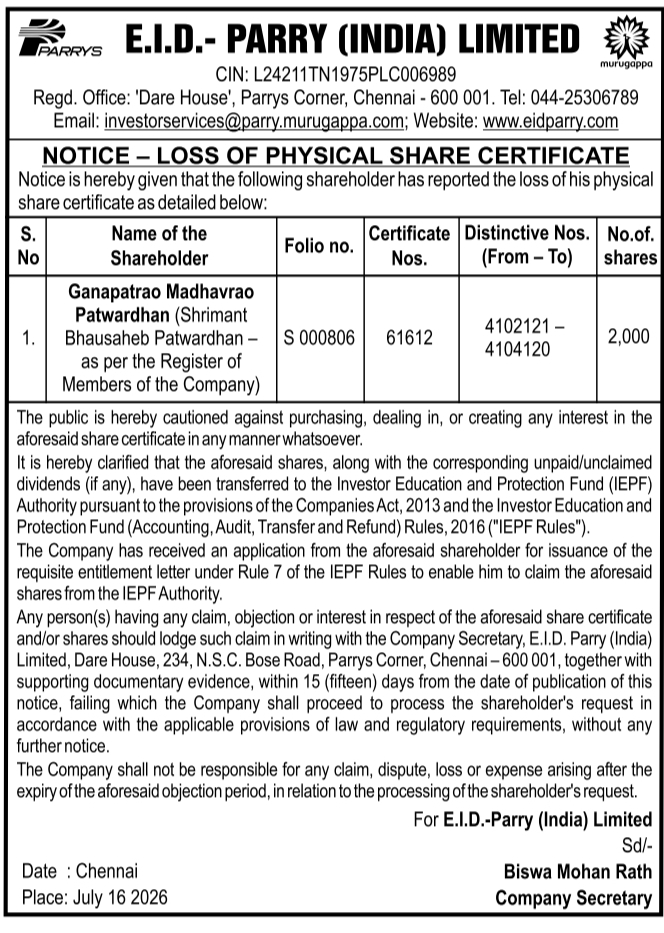 Notice: Loss of Physical Share Certificate