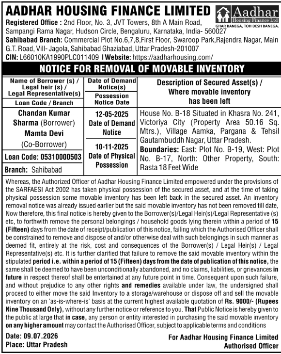 Notice: Movable Inventory Removal, Aadhar Housing Finance