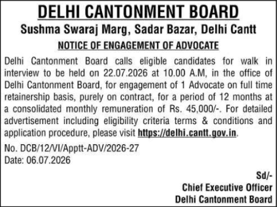 Notice of Engagement: Full-Time Advocate at Delhi Cantonment Board