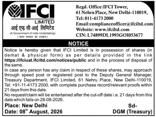 Notice of Possession and Disposal of Shares by IFCI Limited
