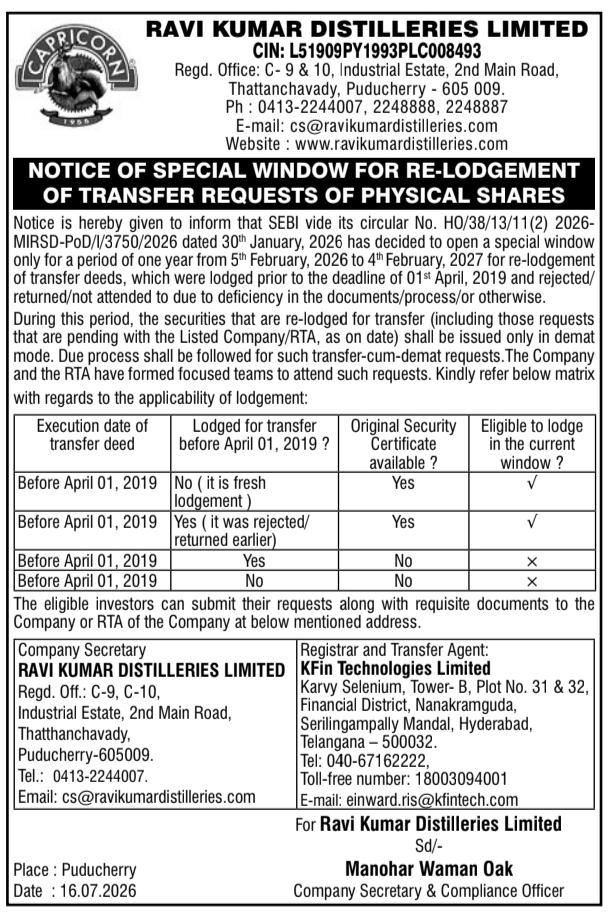 Notice of Special Window for Re-Lodgement of Physical Shares