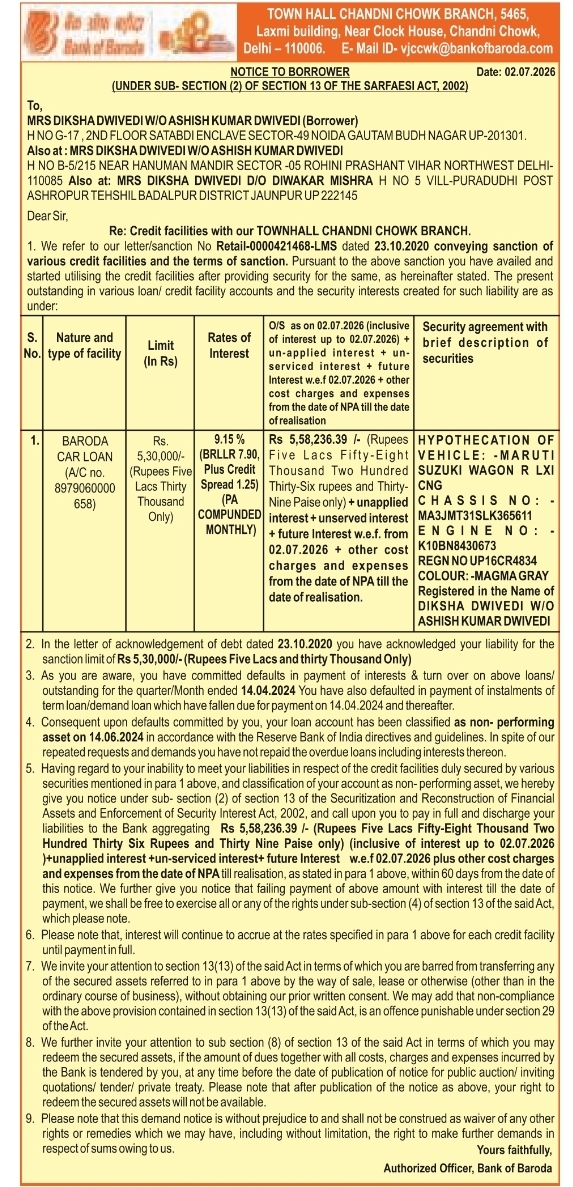 Notice to Borrower: Demand for Outstanding Loan Dues Recovery