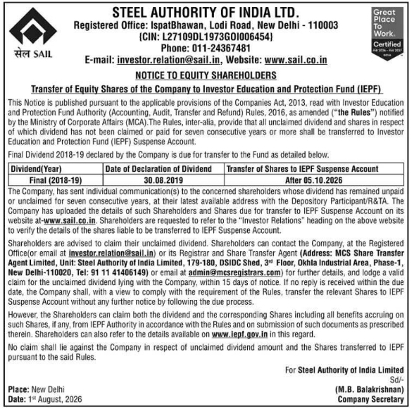 Notice to Equity Shareholders for Transfer of Unclaimed Shares to IEPF