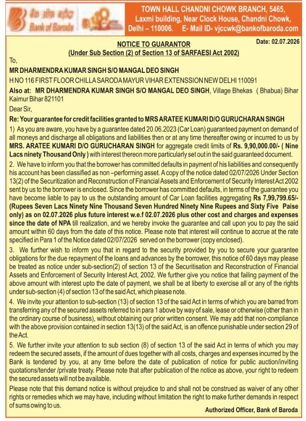 Notice to Guarantor: Demand for Outstanding Loan Dues Recovery