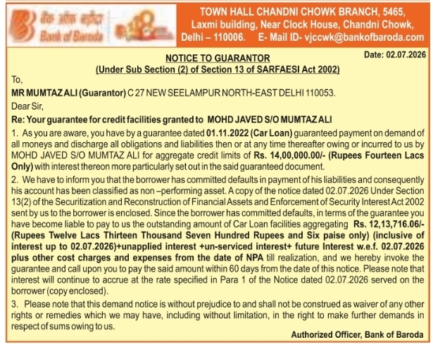 Notice to Guarantor: Demand for Outstanding Loan Dues Recovery