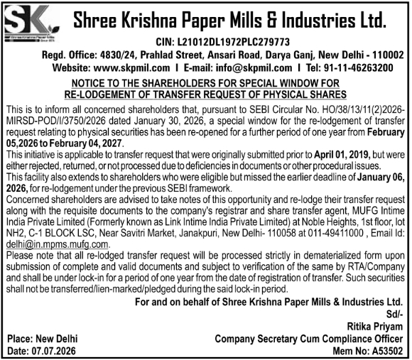Notice to Shareholders: Special Window for Re-Lodgement of Physical Shares