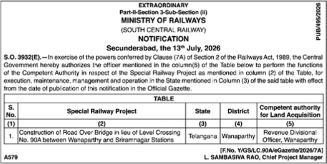 Notification: Special Railway Project Land Acquisition Competent Authority Appointment