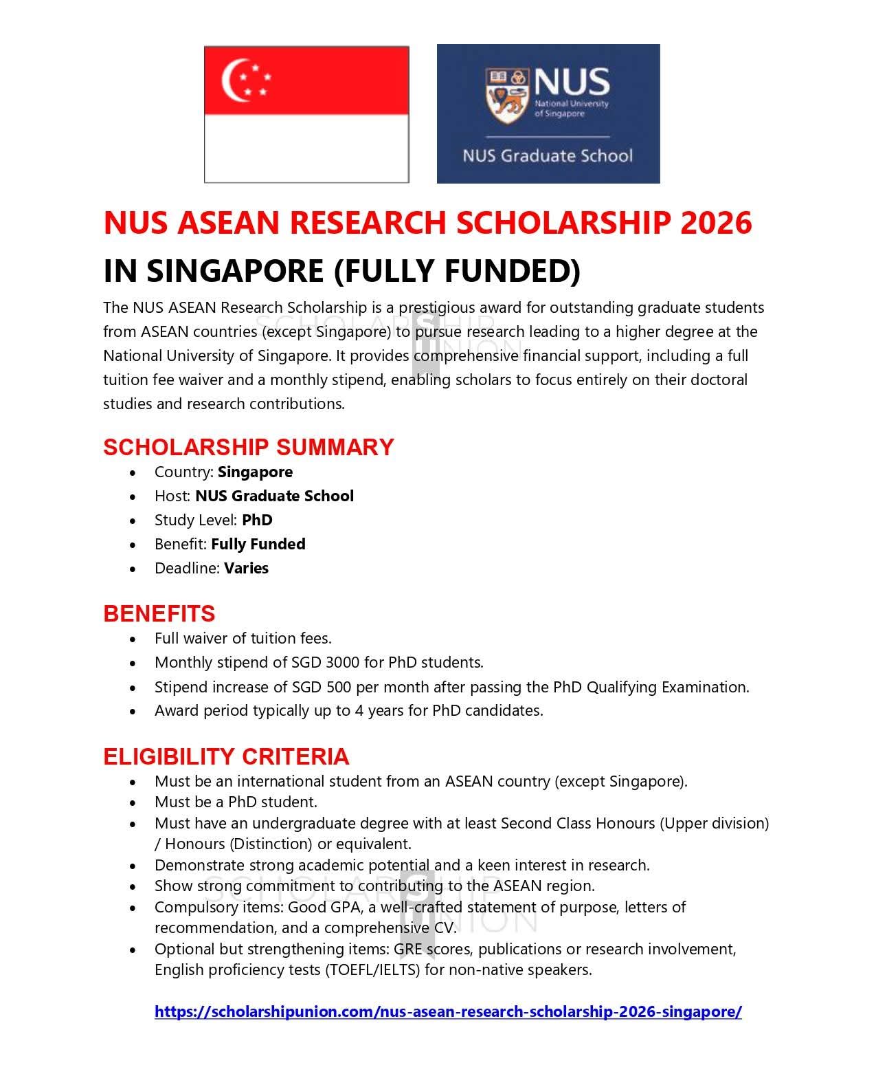 NUS ASEAN Research Scholarship 2026 in Singapore