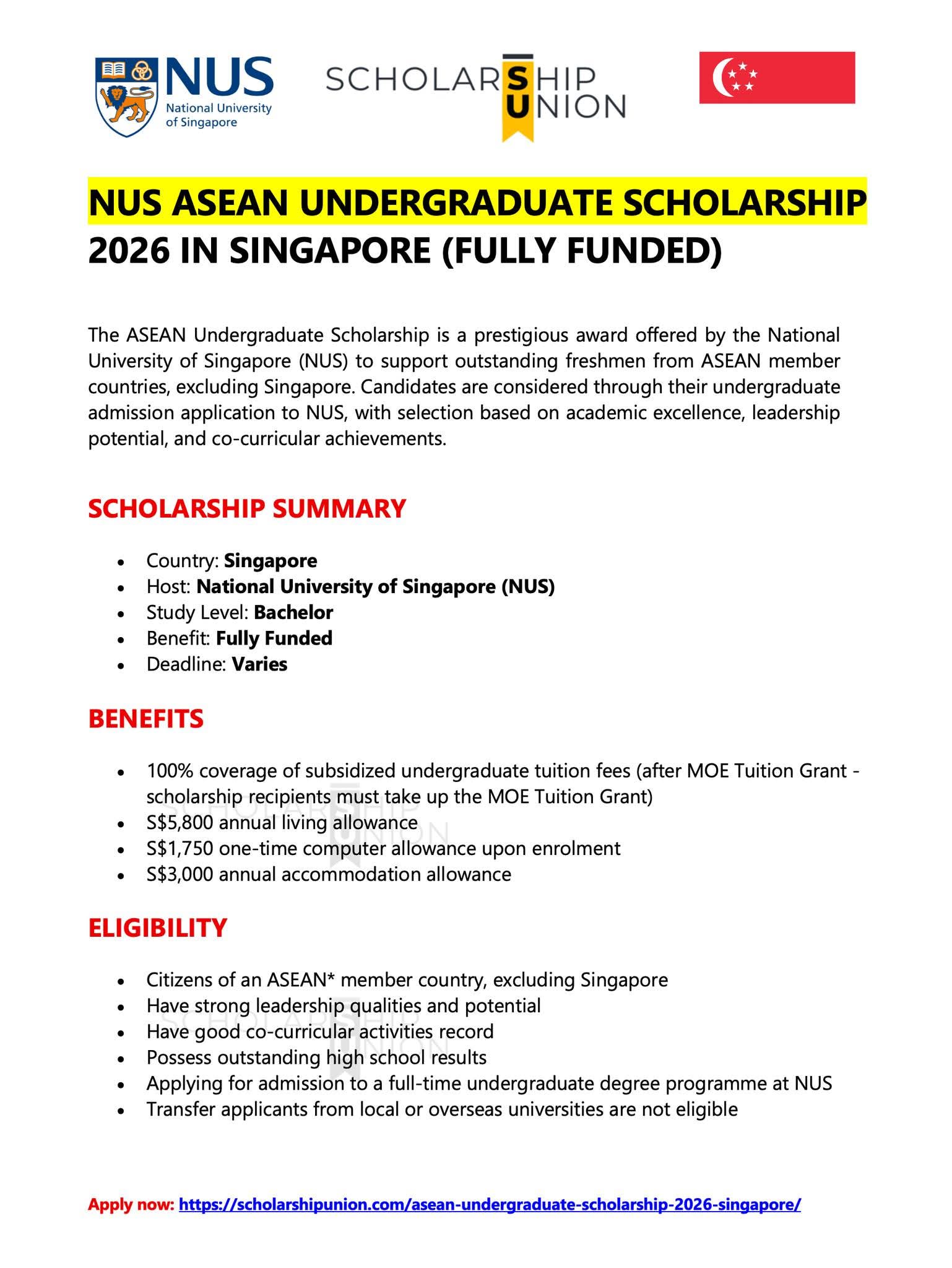 NUS ASEAN Undergraduate Scholarship 2026 in Singapore