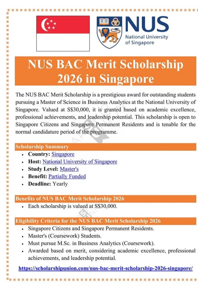NUS BAC Merit Scholarship 2026 in Singapore