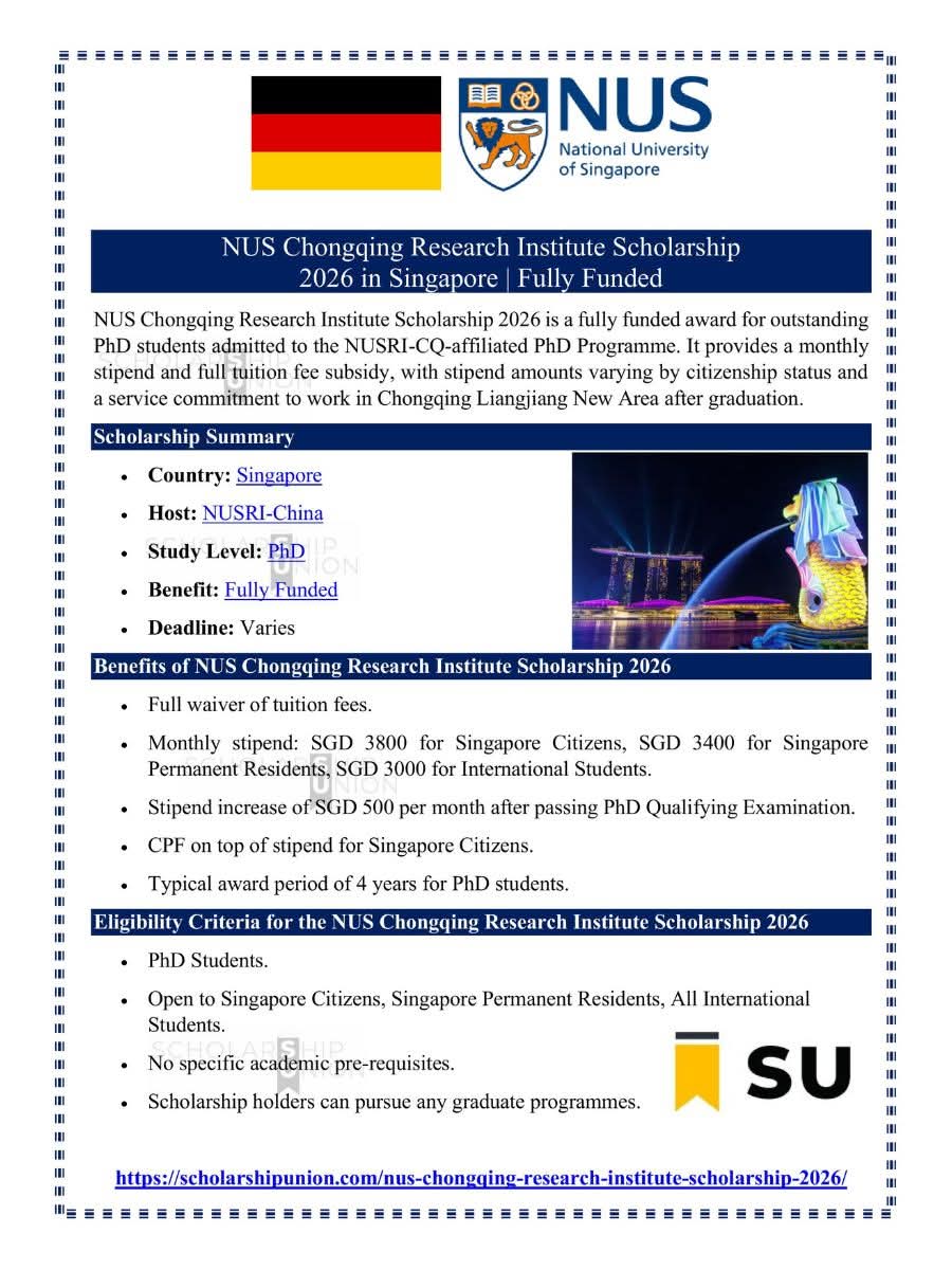 NUS Chongqing Research Institute Scholarship 2026 in Singapore