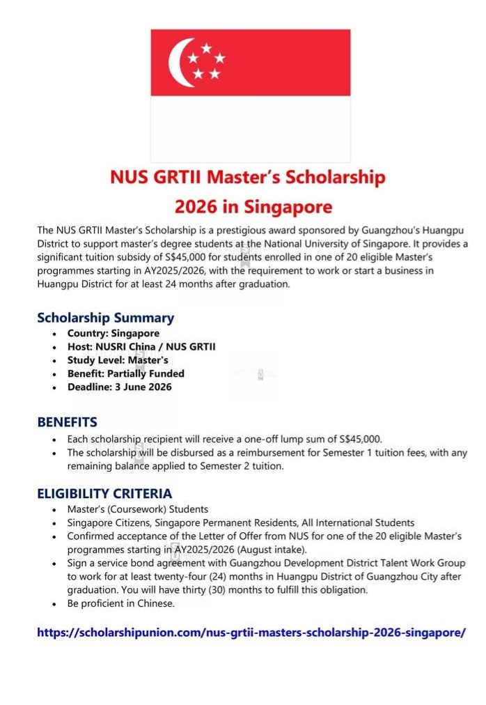 NUS GRTII Master’s Scholarship 2026 in Singapore