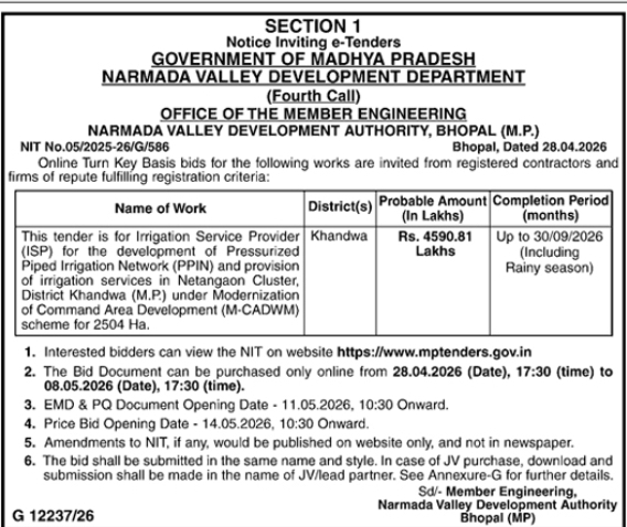 NVDA Madhya Pradesh: Fourth Call Tender for Netangaon Irrigation Project