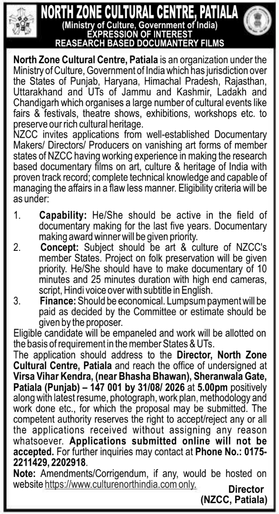 NZCC Patiala Expression of Interest for Research Documentary Films