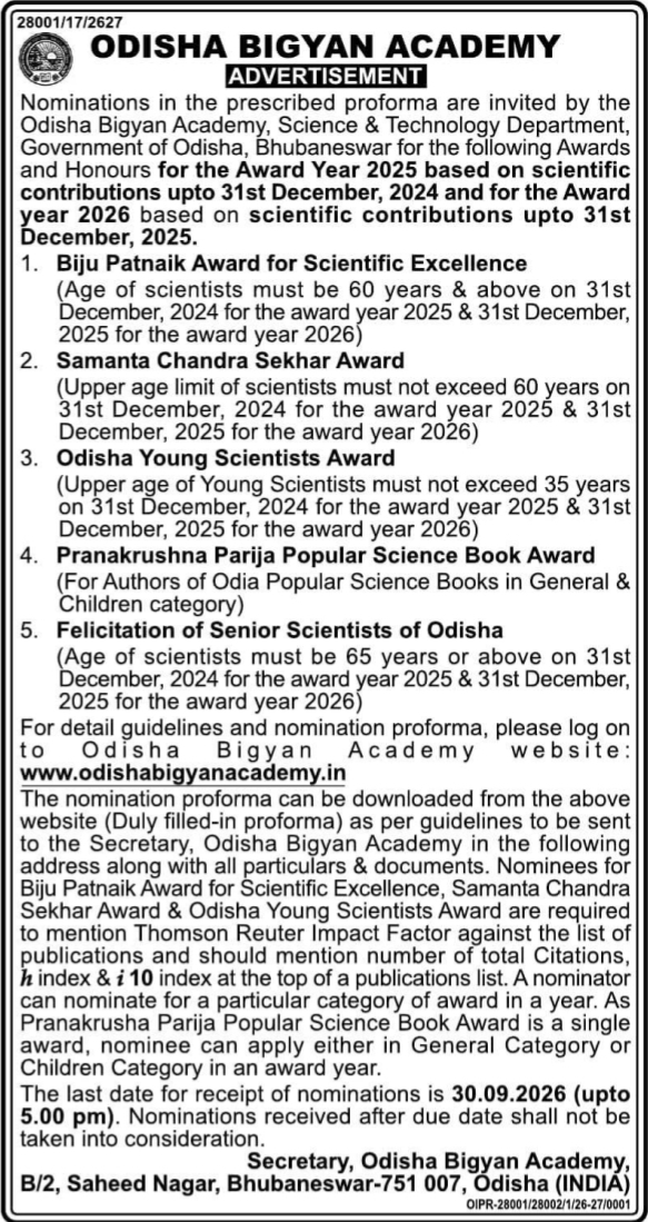Odisha Bigyan Academy Invitation for 2025 and 2026 Scientific Nominations