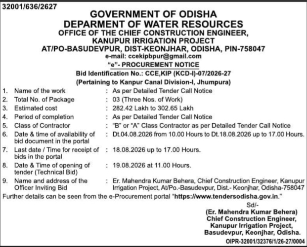 Odisha Department of Water Resources Tender for Kanpur Canal Project