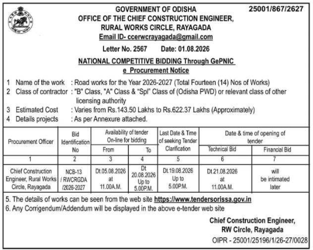 Odisha Rural Works Circle Rayagada Road Works E-Tender