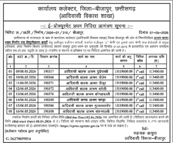 Office of the Collector, Bijapur E-Tender Notice: Ashram Building Projects