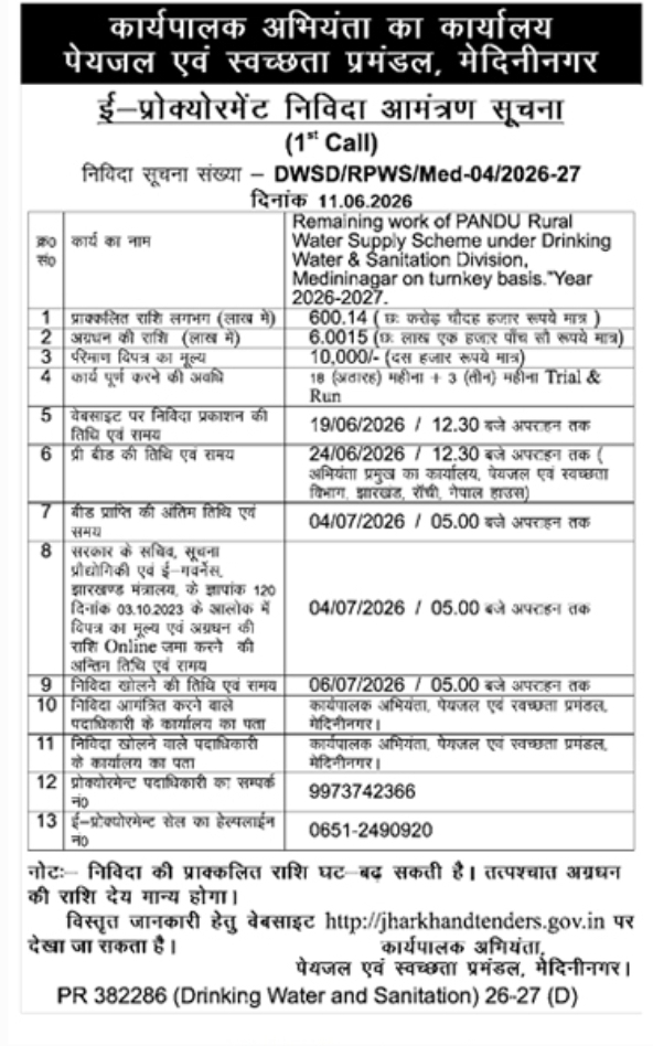 Office of the Executive Engineer, DWSD Medininagar Tender Notices