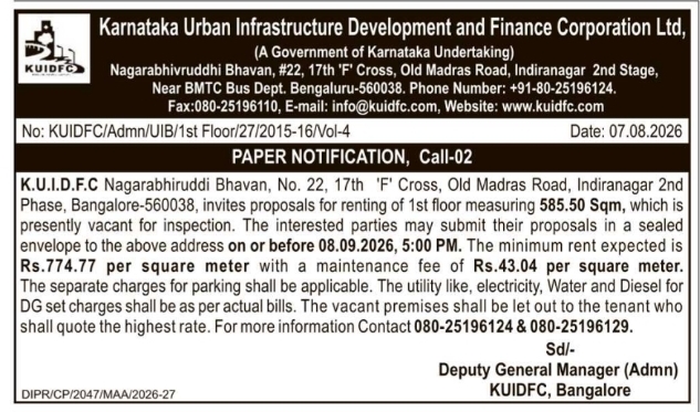 Office Space Rental Invitation Notice by KUIDFC Bengaluru