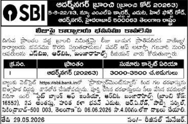 Office Space Required on Lease for SBI Adarshnagar Branch