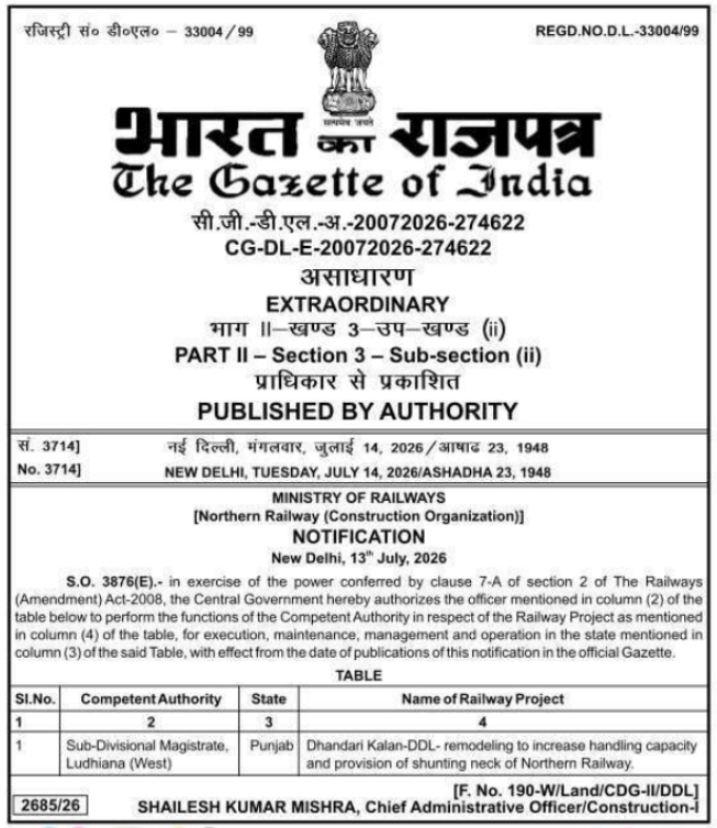 Official Gazette Notice for Railway Project Competent Authority Appointment